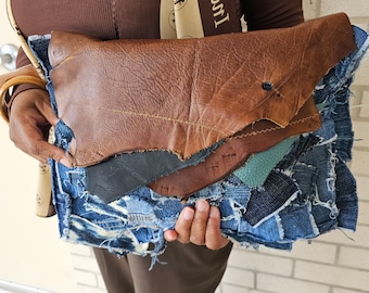 Daphne Custom denim patchwork & layered leather clutch