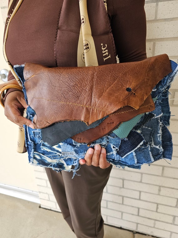 Daphne Custom denim patchwork & layered leather clutch