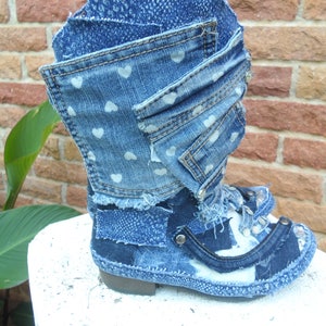 Custom Upcycled Distresed Denim, blue jean Patchwork Sequined Cowboy Boots Girls Size 3 image 2