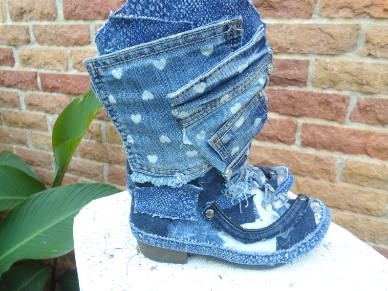 Custom Upcycled Distresed Denim, blue jean Patchwork Sequined Cowboy Boots Girls Size 3 image 2