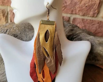 Genuine leather statement layered dangle earrings, fringe earrings