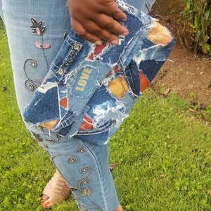 Custom made recycled love denim patchwork clutch  bag with leather and fabric accents purse