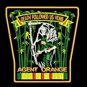 May include: A green and yellow embroidered patch with a grim reaper holding a scythe and a soldier holding a rifle. The patch has the text "Death Followed Us Home" and "Agent Orange" with a yellow ribbon with red stripes.