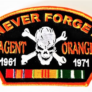 May include: A black patch with an orange border and white embroidery. It reads "Never Forget Agent Orange 1961-1971" with a skull and crossbones in the center. There are five colorful ribbons below the text.