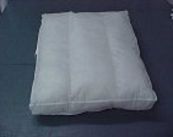 May include: A white, rectangular pillow filled with a soft, fluffy material. The pillow is made of a smooth, white fabric and has a simple, clean design.