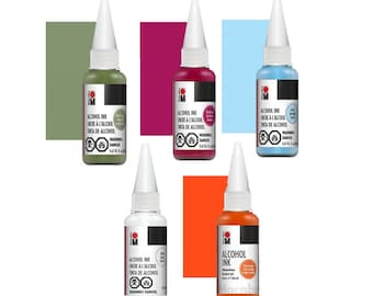 Marabu Alcohol Ink, Set of 5: Red-Orange, White, Olive Green, Bordeaux & Arctic