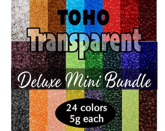 May include: A Toho Transparent Deluxe Mini Bundle featuring 24 colors of small glass beads, each weighing 5g. The collection displays a grid of various transparent hues including clear, yellow, orange, red, blue, green, purple, and brown tones.