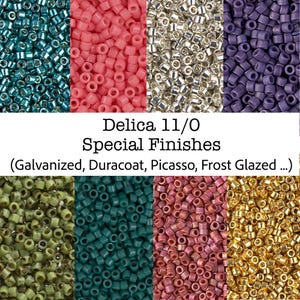 May include: A collection of Delica 11/0 cylinder beads featuring various special finishes including galvanized, duracoat, picasso, and frost glazed. The image displays eight distinct color sections of small, uniform, tubular glass beads.