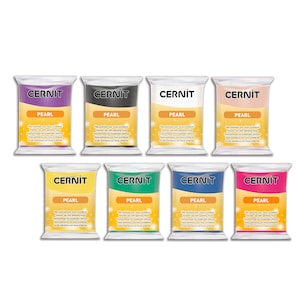 May include: A collection of eight packages of Cernit Pearl polymer clay in various colors. Each package features the brand name, product name, and a description in multiple languages. Colors include purple, black, white, peach, yellow, green, blue, and pink.
