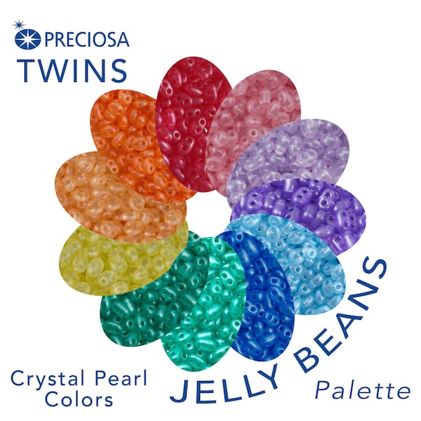 120 grams Preciosa Twins, Bulk Palette - Jelly Beans - 2-Hole Czech Glass Beads - 12 Colors, 10g ea.