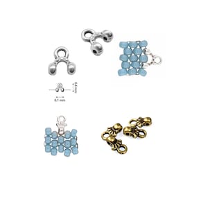 May include: Silver and gold metal bead caps with a decorative design. The silver bead caps are 6.1 mm wide and 6.4 mm tall. The gold bead caps have a decorative design with a floral motif. The image also shows a small square of light blue beads.