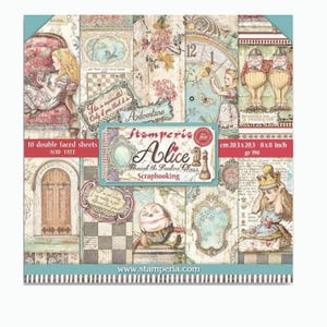 May include: A pack of 10 double-faced acid-free scrapbooking sheets measuring 8x8 inches. The cover features Alice in Wonderland illustrations, including clocks, floral patterns, and characters like Humpty Dumpty, with the text Stamperia Alice.