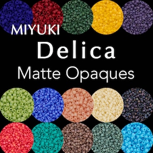 May include: A collection of fifteen circular displays of Miyuki Delica matte opaque beads in various colors including blue, red, green, yellow, purple, lime, peach, cream, and turquoise, with the text MIYUKI Delica Matte Opaques centered.