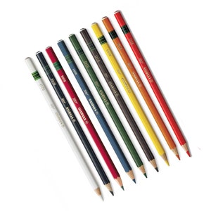 May include: A set of ten colored pencils with a white, black, red, blue, green, brown, yellow, orange, and two shades of red. The pencils are all sharpened and have the brand name "STABILO" printed on them.