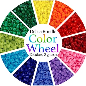 May include: A color wheel of Delica beads in 12 different colors, each section containing 2 grams of beads. The colors include green, yellow, orange, red, pink, purple, blue, and more. The text "Delica Bundle Color Wheel" is displayed in the center.