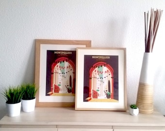 Illustration displays streets of Montpellier for interior decoration or souvenir