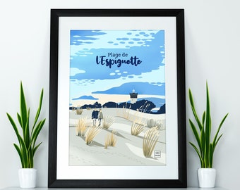 Vintage Beach Poster Espiguette Lighthouse Illustration Poster