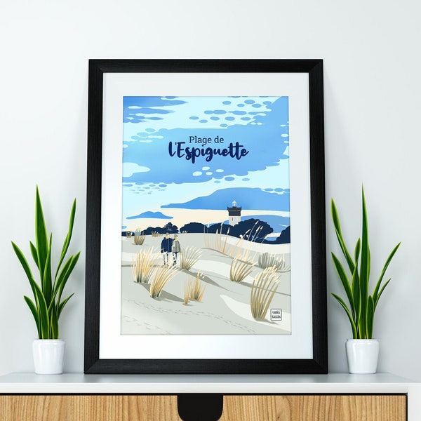 Affiche vintage plage Poster Illustration Espiguette Phare