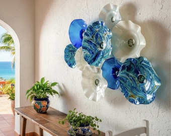 Blown Glass Wall Art: Coastal Inspired Colorful Bowls - 9 Piece Set