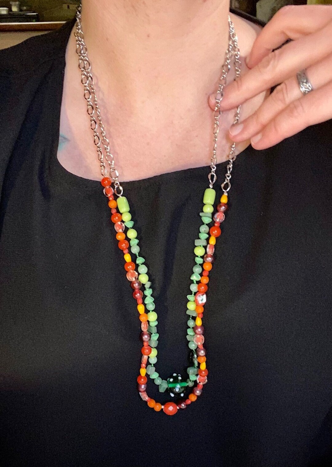 Green Glass Bead and Silver Chain Necklace Red and Orange Glass Bead