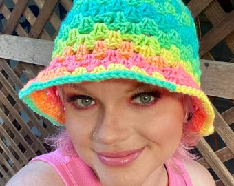 Neon pastel rainbow colored sun hat | Bright colored rainbow ombré bucket hat or garden hat