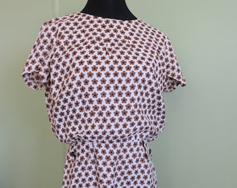 60s Brown and White Flower Shift Dress Size M