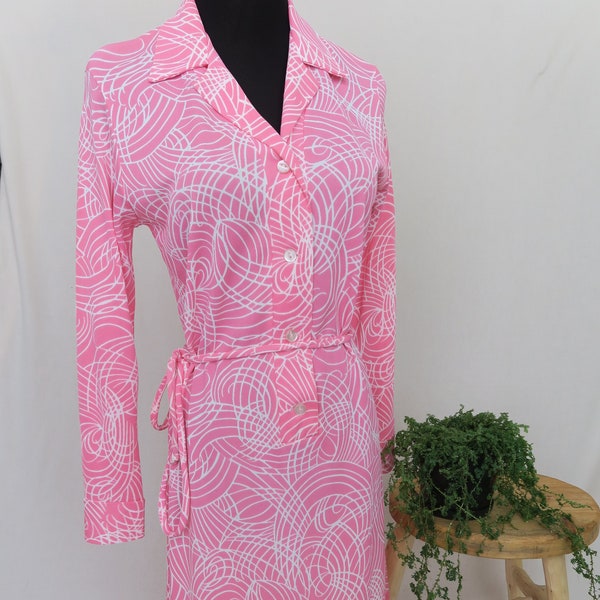 1970s 1960s Vintage Pink Geometric Print Dress