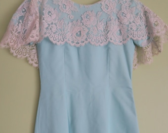 1960s Vintage Handmade Flower Girl Dress Blue Lace Size Small