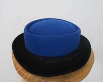 1980s Black and Blue Felt Hat Womens Retro Hat Wide Brim