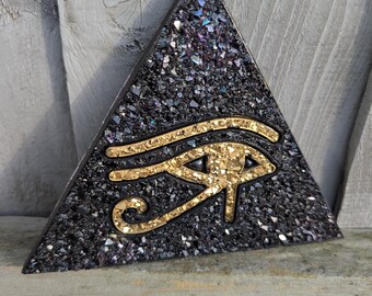 Orgonite Crystal Pyramid Black Crystal Flat Sided Pyramid Eye of Ra Symbol Pyramid Eye of Protection Egyptian Symbol All Seeing Eye