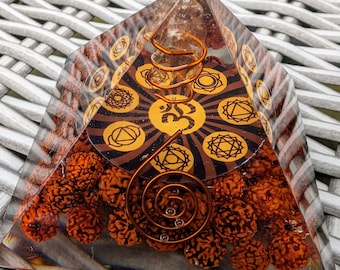 Crystal Resin Art Orgonite Rudraksha Seeds Pyramid Om Symbol Omh Pyramid Gift for Him or Gift for Her