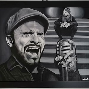 May include: Black and white painting of a man singing into a vintage microphone. The man is wearing a cap and has a beard. Another man is sitting on stairs in the background.