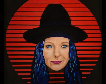 Portrait of Katarzyna Nosowska, Synthwave style on square canvas, hand painted
