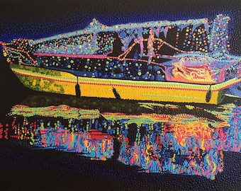 Illuminated Boat - Hand Painted with Dotting tools, No Brush, Acrylic painting, Not Framed canvas 91.5cm x 61cm