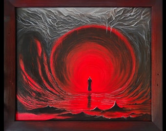 Enter the unknown, be brave and follow the mystery - hand painted mystical red cave - FRAMED