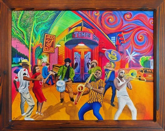 Jazz by Night at French Quarter, New Orleans - Hand painted and framed