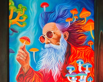 Hand painted Amanitou - Amanita Shaman - Mushroom Wizard Acrylic Painting - Framed