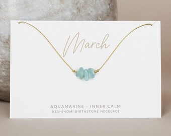 March birthstone necklace, in gold or silver cord and accents with natural aquamarine crystals