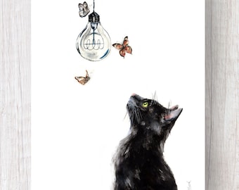 ARCHIVAL WATERCOLOR CAT,  modern print,  black cat, watercolor cat, curious, abstract animals, print,  prints,  wildlife, painting, black