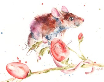Ms. Berry Merry, watercolor, mouse, print, splash painting, cute painting, nursery, brown, plant,