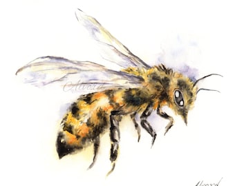 The "Glorious Bee",  Watercolor, bee print,  honey bees, bee keeper, bee gift, flying, yellow, black, orange, modern , abstract