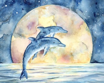 Dolphin watercolor painting, dolphin print, dolphin painting,  watercolor print, nautical, dolphins, nursery, baby, blue, ocean, art