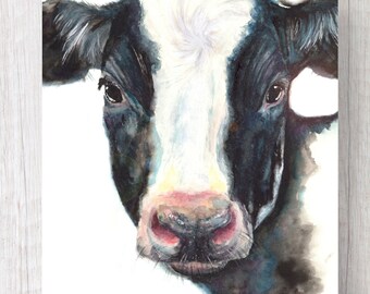 ARCHIVAL COW PRINT, cows, dairy cow, milking cow, farm, watercolor print, watercolor painting, Holstein, black and white, dairy farm