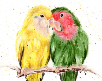 ARCHIVAL WATERCOLOR PRINT, love birds, parrots, watercolor print, modern print, abstract animals,  wildlife art, orange, yellow green, red