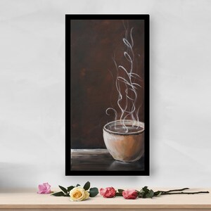 May include: A painting of a brown ceramic mug with steam rising from it. The mug is on a wooden surface against a dark brown background.