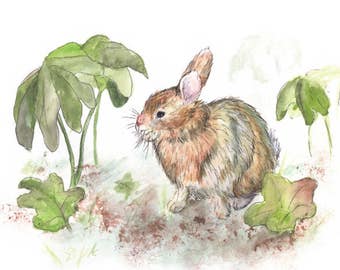 ARCHIVAL WATERCOLOR PRINT, bunny, bunnies, baby watercolor, nursery art, nature,beige, green, grey, brown, pastel, neutral colors, tan