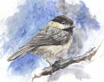 ARCHIVAL PRINT, Watercolor print, chickadee,  animal print, bird lover, bird watcher, bird gift, art, blue, winter scene, nature, painting