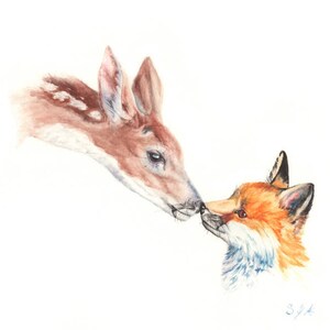 ARCHIVAL PRINT, aquarell Druck, Baby und Baby Reh, Kinderzimmer, Baby Mädchen, Junge, Baby, Babyparty, Aquarell Tier, Tiere, Aquarell Fuchs, Fuchs Druck