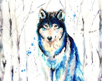 ARCHIVAL WOLF, watercolor, art, animal, contemporary, blue, splash art, modern art, home decor, nursery, gift, wolves, wildlife vibrant