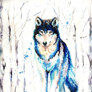 ARCHIVAL WOLF, watercolor, art, animal, contemporary, blue, splash art, modern art, home decor, nursery, gift, wolves, wildlife vibrant